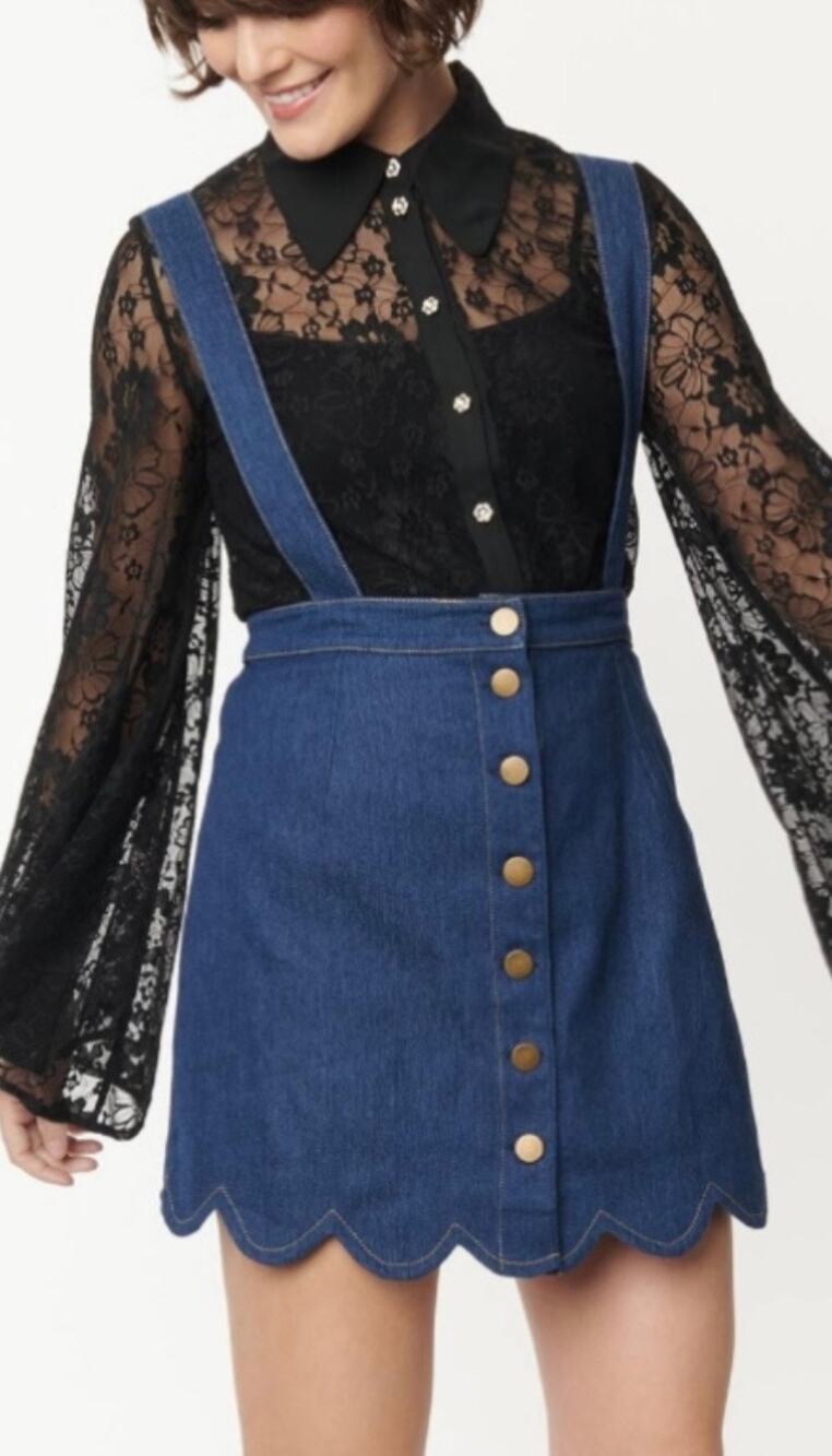 Smak Parlour Unique Vintage Scalloped Denim Mini Skirt Rem Suspenders M NWOT